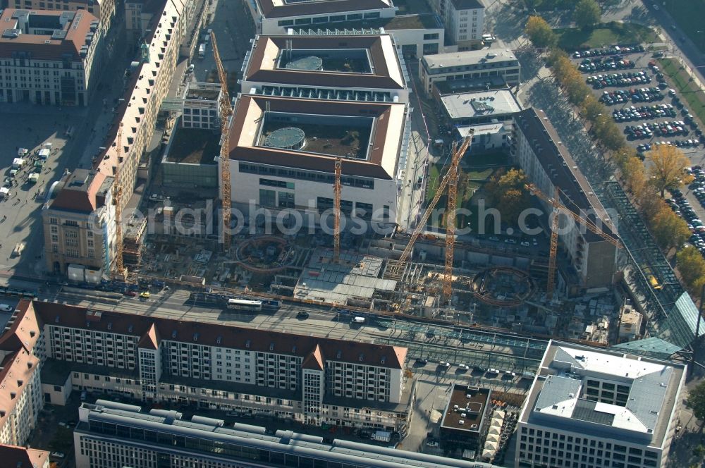 Dresden from the bird's eye view: Construction site Building of the shopping center Altmarkt Galerie der ECE Projektmanagement GmbH in Dresden in the state Saxony