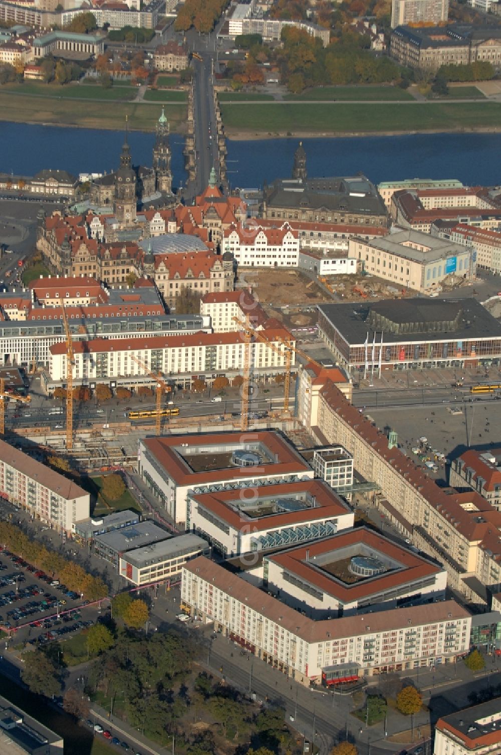 Aerial image Dresden - Construction site Building of the shopping center Altmarkt Galerie der ECE Projektmanagement GmbH in Dresden in the state Saxony