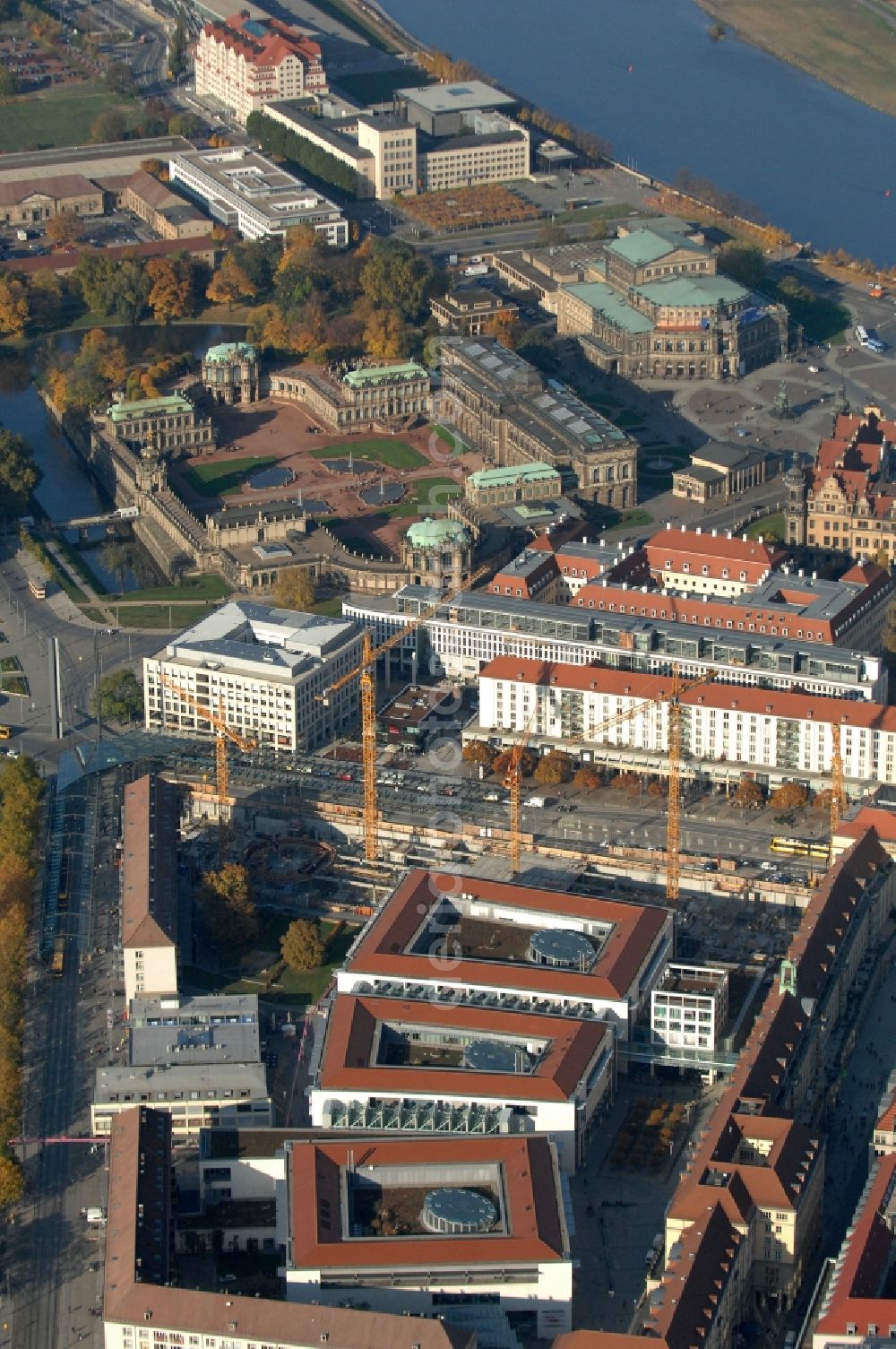 Dresden from the bird's eye view: Construction site Building of the shopping center Altmarkt Galerie der ECE Projektmanagement GmbH in Dresden in the state Saxony