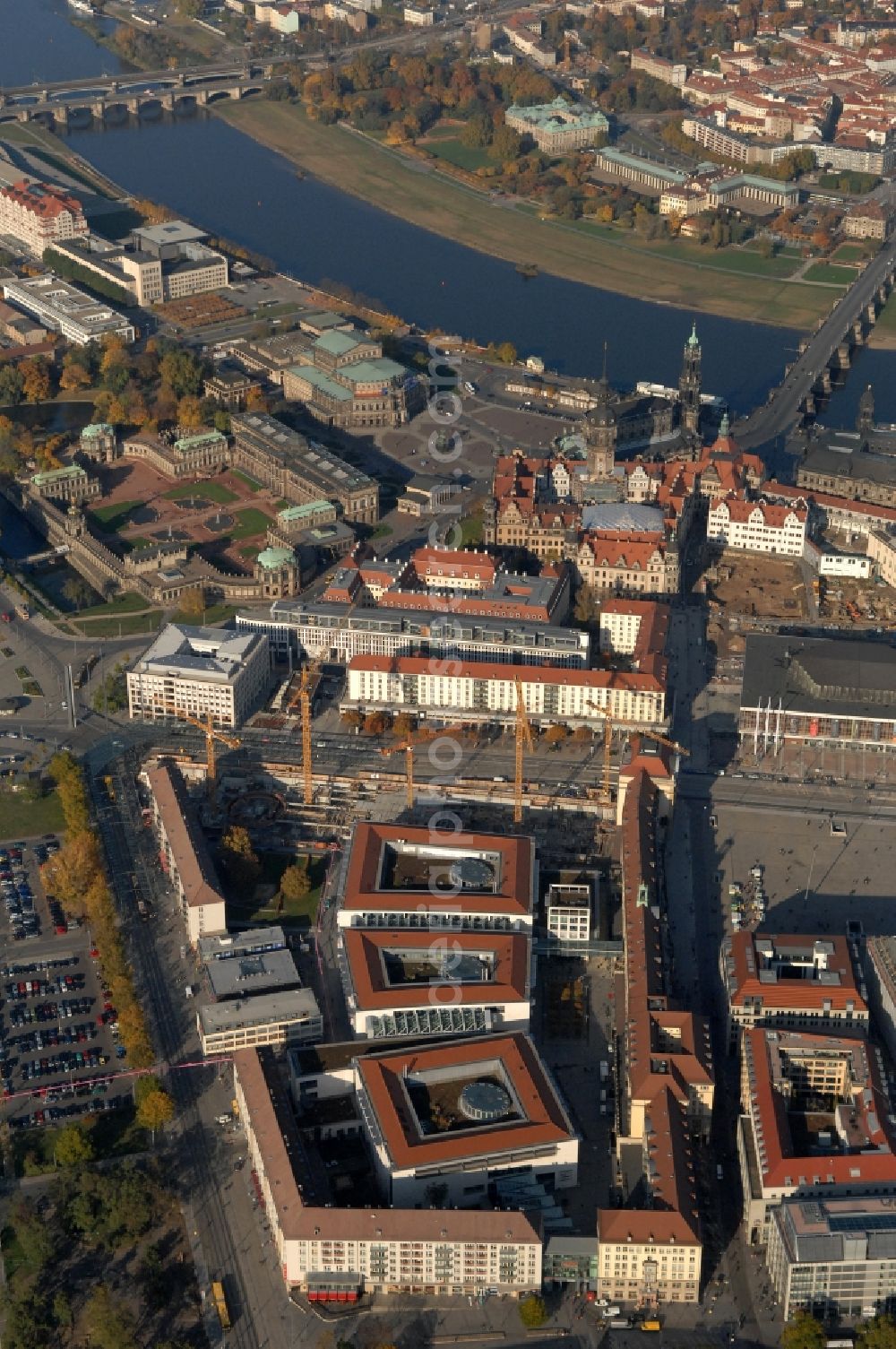 Dresden from the bird's eye view: Construction site Building of the shopping center Altmarkt Galerie der ECE Projektmanagement GmbH in Dresden in the state Saxony