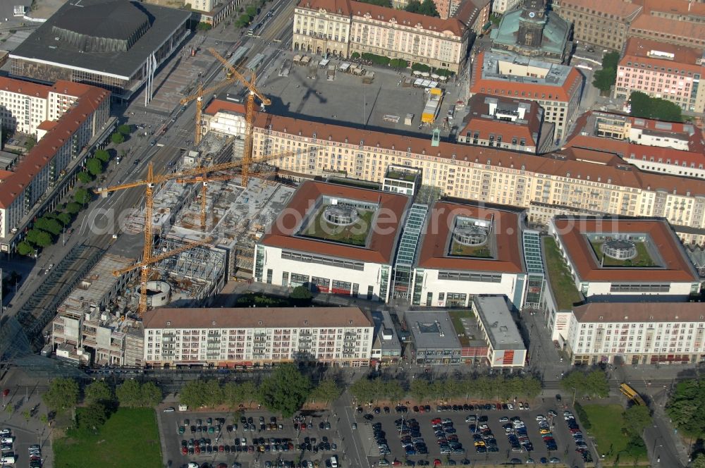 Dresden from the bird's eye view: Construction site Building of the shopping center Altmarkt Galerie der ECE Projektmanagement GmbH in Dresden in the state Saxony