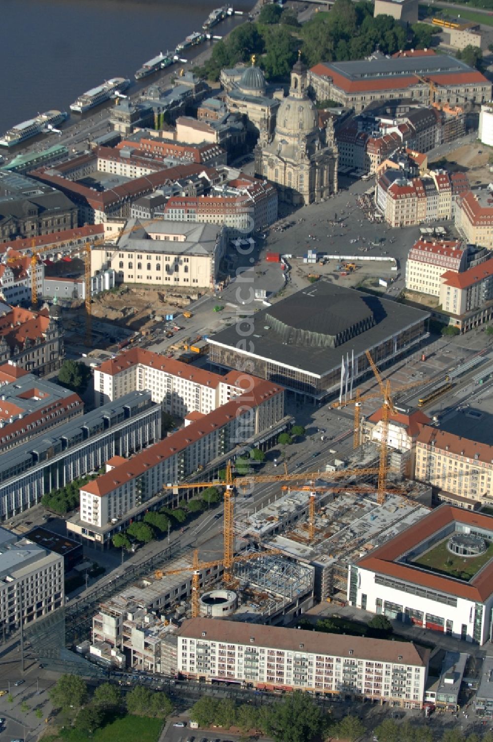 Dresden from the bird's eye view: Construction site Building of the shopping center Altmarkt Galerie der ECE Projektmanagement GmbH in Dresden in the state Saxony