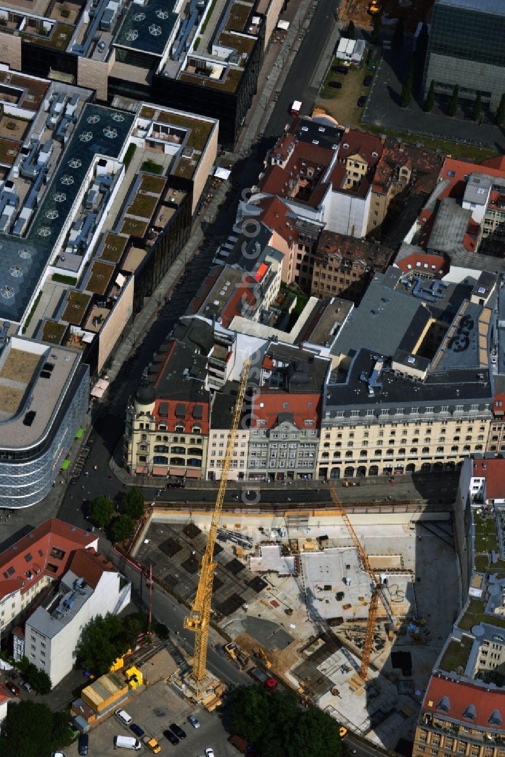 Leipzig from above - Construction site to build a new shopping center and office building of the project developer Centrum GmbH in Leipzig in Saxony