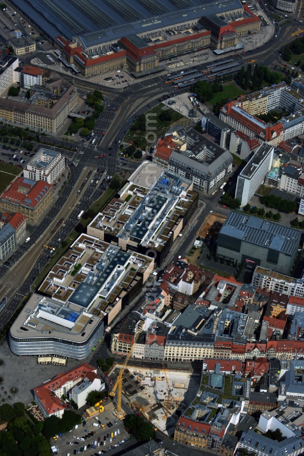 Leipzig from the bird's eye view: Construction site to build a new shopping center and office building of the project developer Centrum GmbH in Leipzig in Saxony