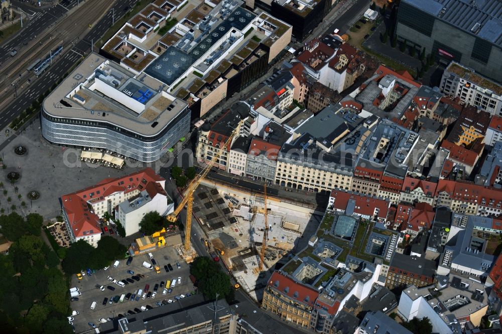 Aerial image Leipzig - Construction site to build a new shopping center and office building of the project developer Centrum GmbH in Leipzig in Saxony