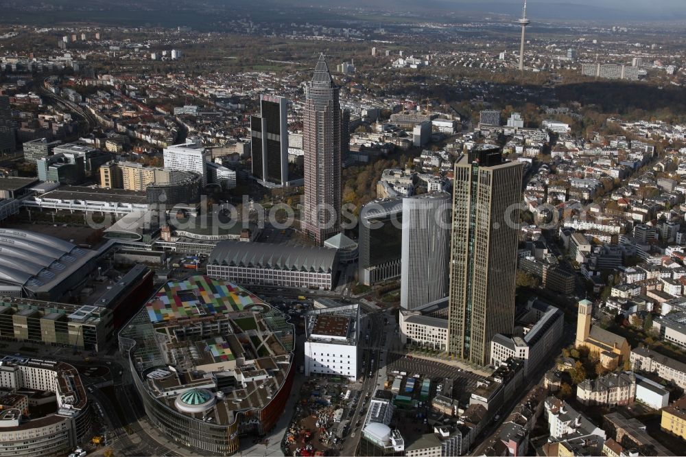 Frankfurt am Main from the bird's eye view: View of the the shopping center of the complex Skyline Plaza in Frankfurt. The building is designed of the shopping center specialist ECE Group and CA Immo. It is built by the Max Bögl Construction GmbH & Co in cooperation with bam Deutschland. KG