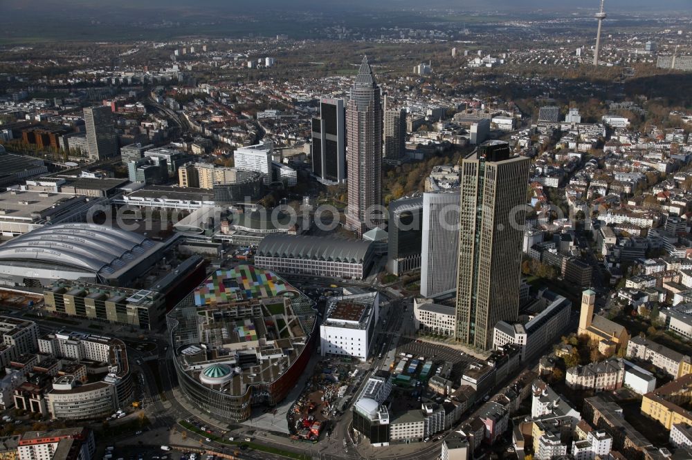 Aerial image Frankfurt am Main - View of the the shopping center of the complex Skyline Plaza in Frankfurt. The building is designed of the shopping center specialist ECE Group and CA Immo. It is built by the Max Bögl Construction GmbH & Co in cooperation with bam Deutschland. KG