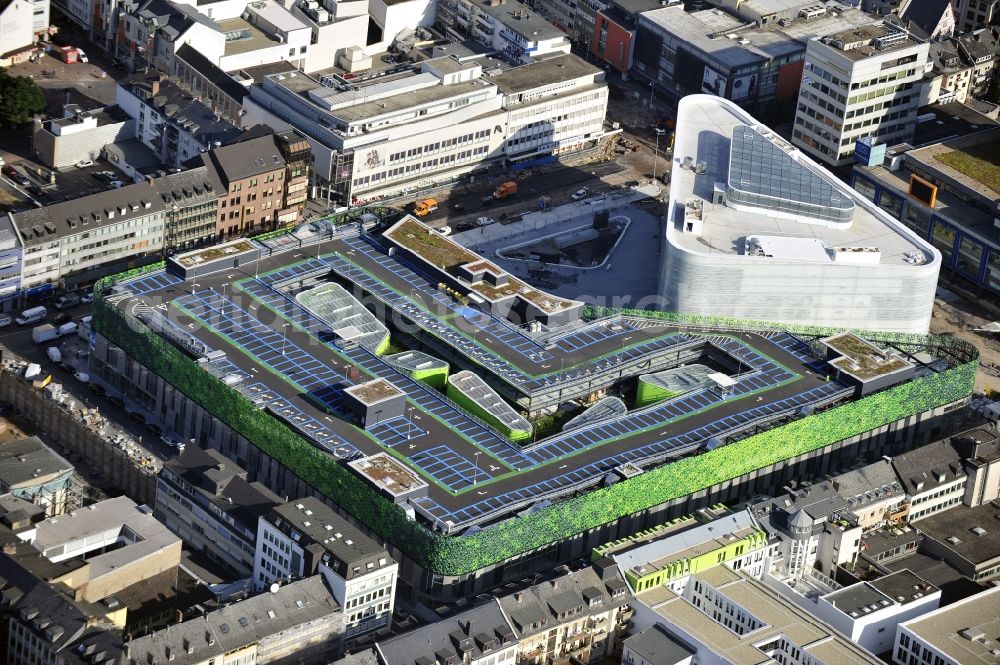 Rheinland-Pfalz from the bird's eye view: View of the new shopping center and cultural building Forum Middle Rhine in the central square in Koblenz. The shopping center, which is scheduled to open in September 2012, was designed by the architectural firm Benthem Crouwel, is being built by the Züblin AG and operated by the ECE Project Management. The cultural building, scheduled to open in 2013, is going to be a new home for the Middle Rhine Museum and the city library of Koblenz