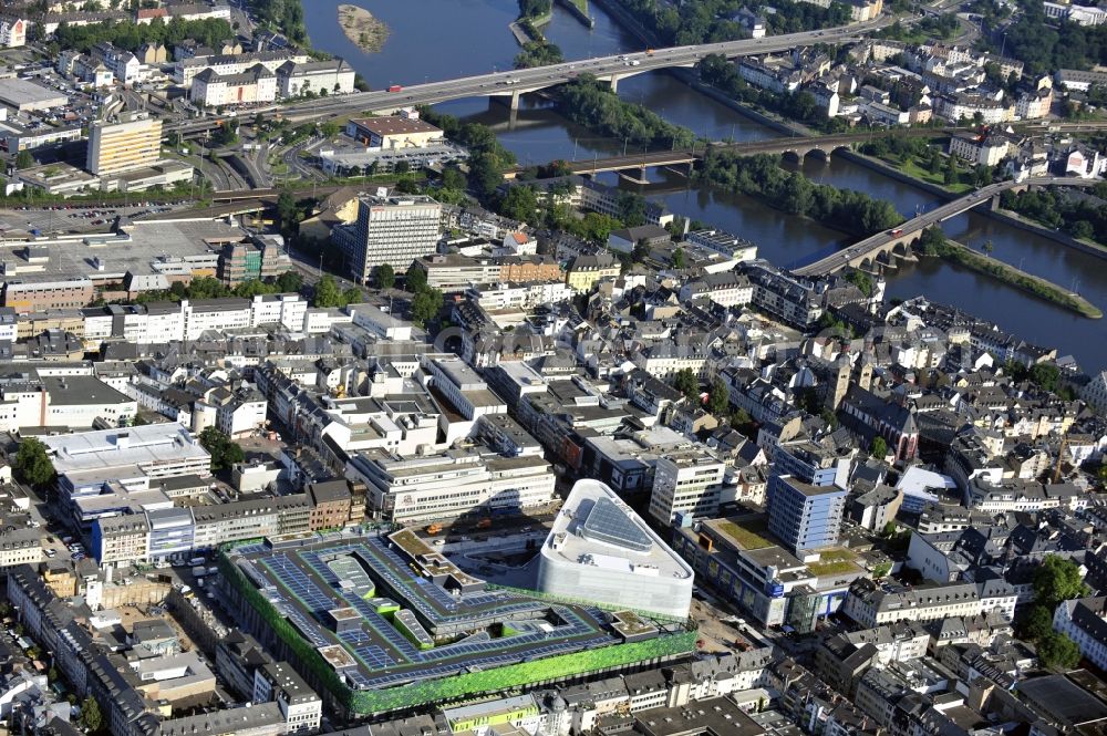 Aerial image Rheinland-Pfalz - View of the new shopping center and cultural building Forum Middle Rhine in the central square in Koblenz. The shopping center, which is scheduled to open in September 2012, was designed by the architectural firm Benthem Crouwel, is being built by the Züblin AG and operated by the ECE Project Management. The cultural building, scheduled to open in 2013, is going to be a new home for the Middle Rhine Museum and the city library of Koblenz