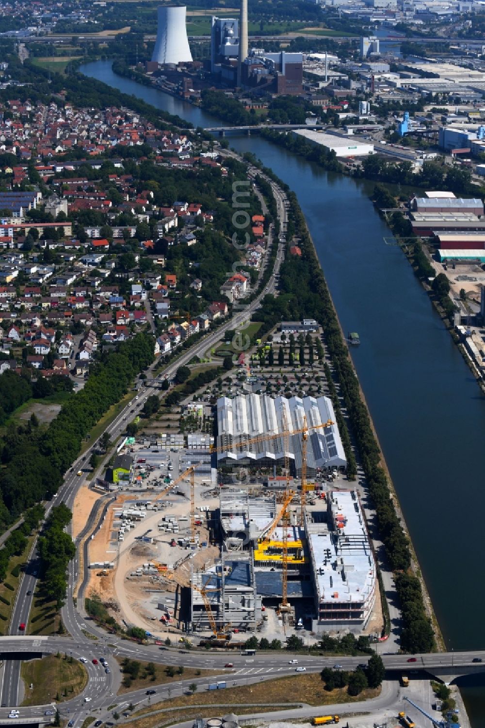 Heilbronn from above - Construction of the building store - furniture market Moebel 1. Moebel Rieger GmbH & Co. KG Im Neckargarten in Heilbronn in the state Baden-Wurttemberg, Germany