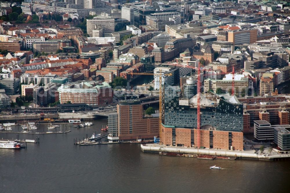 Aerial image Hamburg - View of construction of the Elbphilharmonie in the historic centre of Hamburg in HafenCity