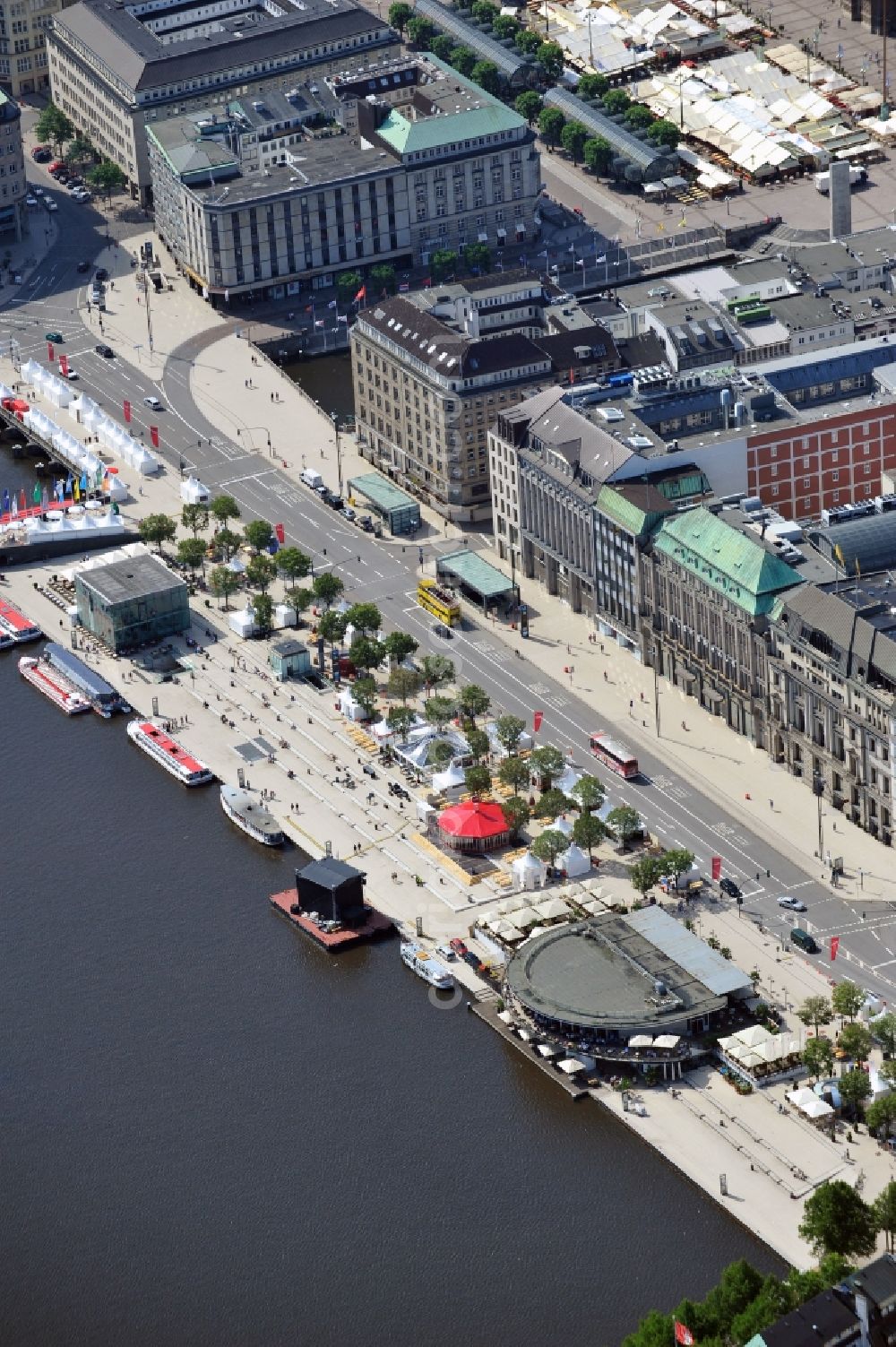 Hamburg from above - 08/07/2012 HAMBURG View the Jungfernstieg on the southern shore of the Inner Alster Lake in Hamburg with the new station of subway line 4 and the café at the Alster Pavilion