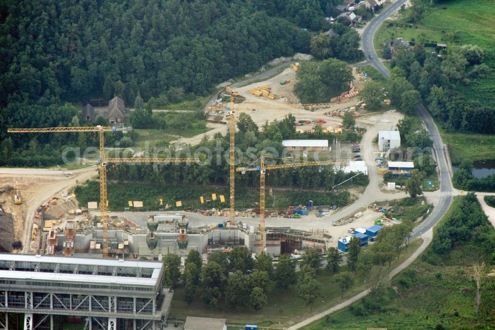 Aerial image Niederfinow - Blick auf die Baustelle vom Neubau des Schiffshebewerk Niederfinow Nord durch die DSD Brückenbau GmbH, die Johann Bunte Bauunternehmung GmbH & Co. KG , Bilfinger Berger Ingenieurbau GmbH und die Siemag GmbH. The new building of the boat lift Niederfinow.