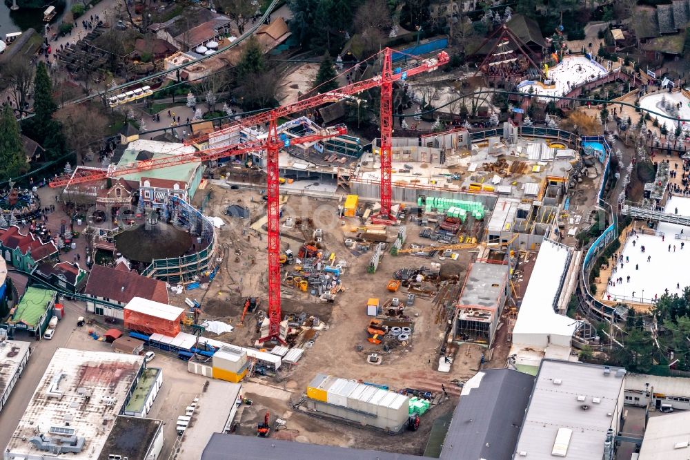 Aerial photograph Rust - New works after fire of the buildings and halls of the Europa-Park Rust in the state Baden-Wurttemberg, Germany