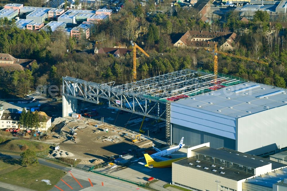 Aerial image Dresden - Construction site for an aircraft maintenance hangar on Flughafen Dresden in the district Klotzsche in Dresden in the state Saxony, Germany