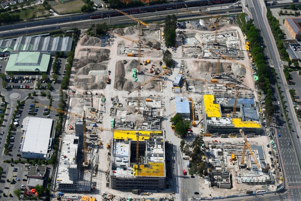 Aerial photograph Erlangen - Construction of a new research building and company premises Siemens Campus Erlangen at Guenther-Scharowsky-Strasse in Erlangen in the state of Bavaria, Germany