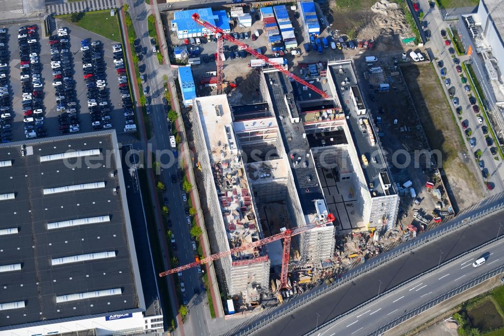 Bremen from the bird's eye view: Construction site to build a new office and commercial building Forschungs- und Technologiezentrum EcoMaT on Airbusallee - Cornelius-Edzard-Strasse - Claudius-Dornier-Strasse in the district Neustadt in Bremen, Germany