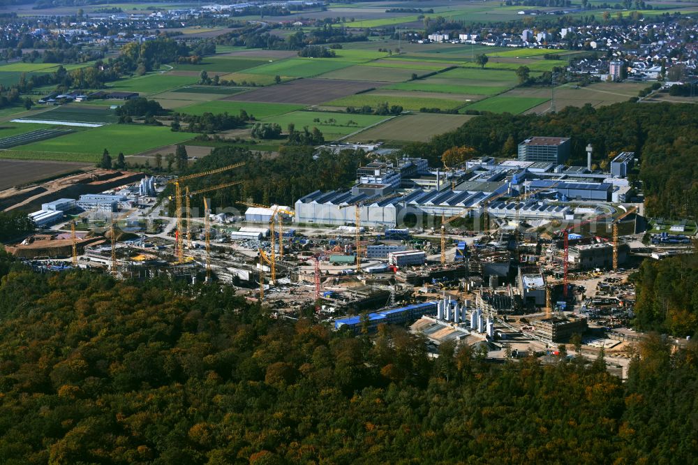 Aerial photograph Darmstadt - Construction site for the new building of a research building and office complex Beschleunigerzentrum FAIR in the district Wixhausen in Darmstadt in the state Hesse, Germany