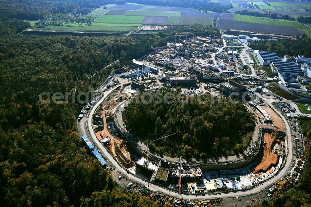 Darmstadt from above - Construction site for the new building of a research building and office complex Beschleunigerzentrum FAIR in the district Wixhausen in Darmstadt in the state Hesse, Germany