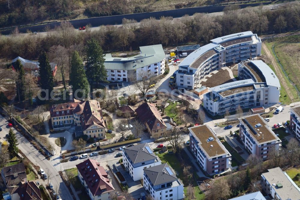 Schopfheim from above - New buildings Wohnen am Eisweiher next to the retirement home - retirement House Columban in Schopfheim in the state Baden-Wurttemberg, Germany