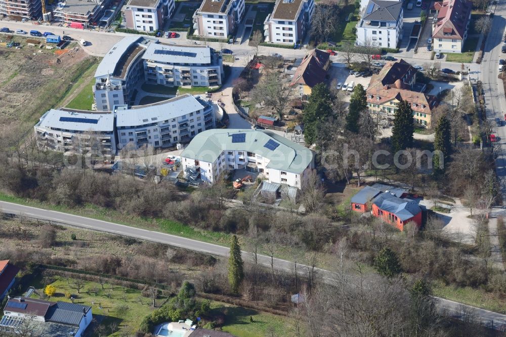 Schopfheim from above - New buildings Wohnen am Eisweiher next to the retirement home - retirement House Columban in Schopfheim in the state Baden-Wurttemberg, Germany