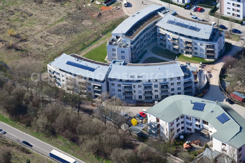 Schopfheim from the bird's eye view: New buildings Wohnen am Eisweiher next to the retirement home - retirement House Columban in Schopfheim in the state Baden-Wurttemberg, Germany