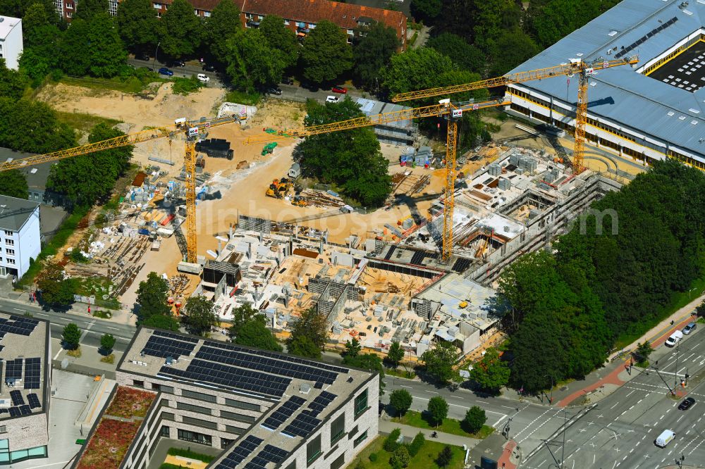 Aerial image Hamburg - New construction site of the building complex of the vocational school Berufs- and Hochschulcampus on Brekelbaums Park on street Ausschlaeger Weg Ecke Eiffestrasse in the district Borgfelde in Hamburg, Germany