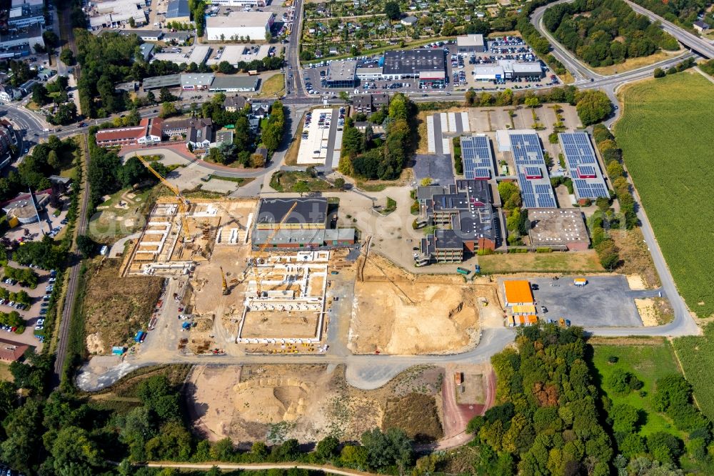 Moers from above - New construction site of the building complex of the vocational school Berufskolleg fuer Technik Moers (BKTM) on Repelener Strasse in Moers in the state North Rhine-Westphalia, Germany