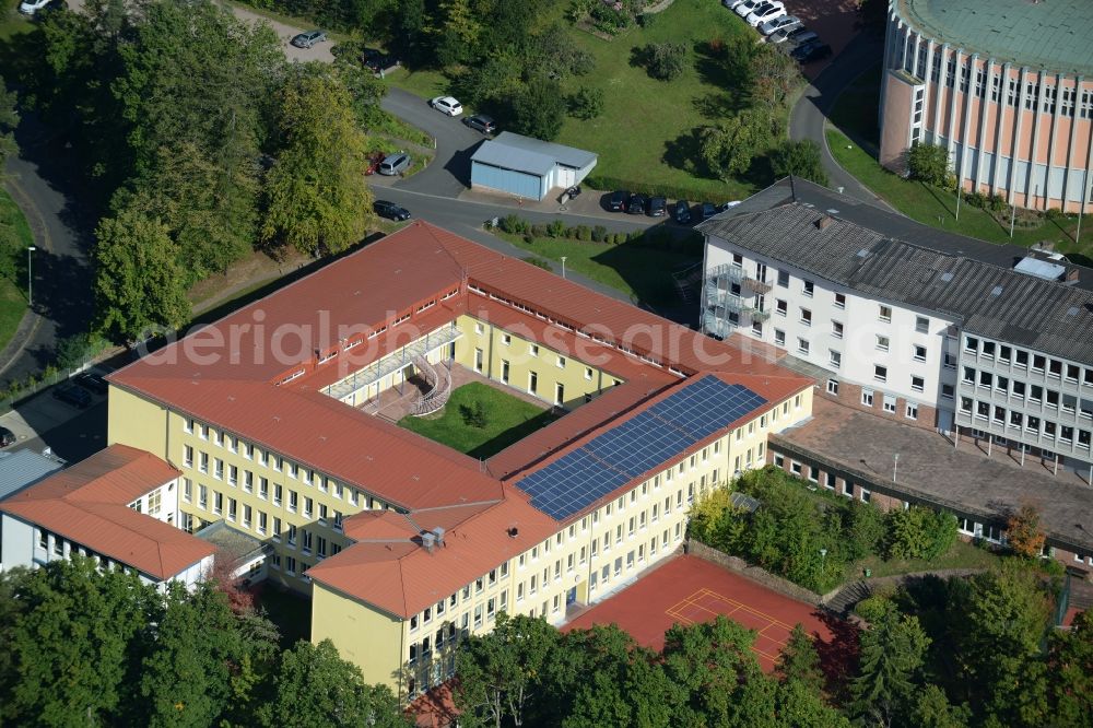 Gemünden from above - New Complex of buildings of the monastery Maedchenbildungswerk der Schwestern vom heiligen Kreuz on Kreuzstrasse in Gemuenden in the state Bavaria