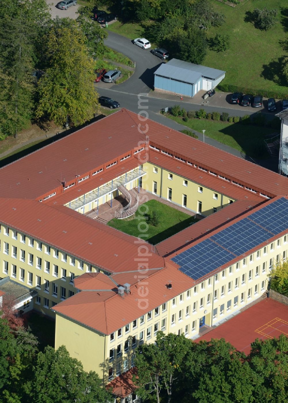 Gemünden from the bird's eye view: New Complex of buildings of the monastery Maedchenbildungswerk der Schwestern vom heiligen Kreuz on Kreuzstrasse in Gemuenden in the state Bavaria