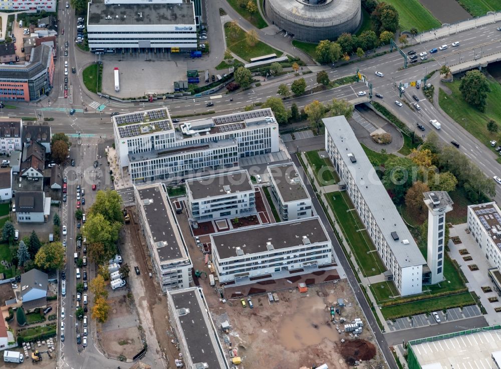 Aerial image Offenburg - Construction site of the publishing complex of the press and media house Hubert Burda Media on Kronenplatz - Hauptstrasse in Offenburg in the state Baden-Wuerttemberg, Germany