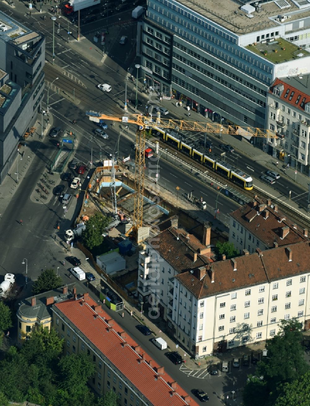 Berlin from above - Construction site of the publishing complex of the press and media house of Suhrkamp Verlag between Torstrasse and Linienstrasse - Rosa-Luxemburg-Strasse in the district Mitte in Berlin, Germany