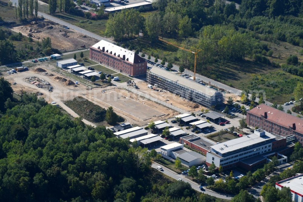 Aerial image Schwerin - Construction site for the new police building complex Bereitschaftspolizei-Handertschaft and KFZ-Bereich on Graf-Yorck-Strasse in Schwerin in the state Mecklenburg - Western Pomerania, Germany