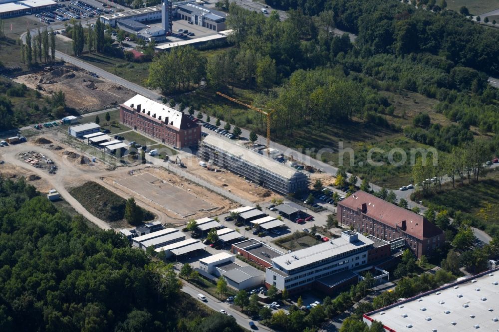 Aerial image Schwerin - Construction site for the new police building complex Bereitschaftspolizei-Handertschaft and KFZ-Bereich on Graf-Yorck-Strasse in Schwerin in the state Mecklenburg - Western Pomerania, Germany