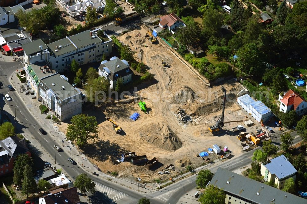 Aerial image Berlin - New construction of the building complex of the shopping center Giesestrasse corner Hoenoer Strasse in the district Mahlsdorf in Berlin, Germany