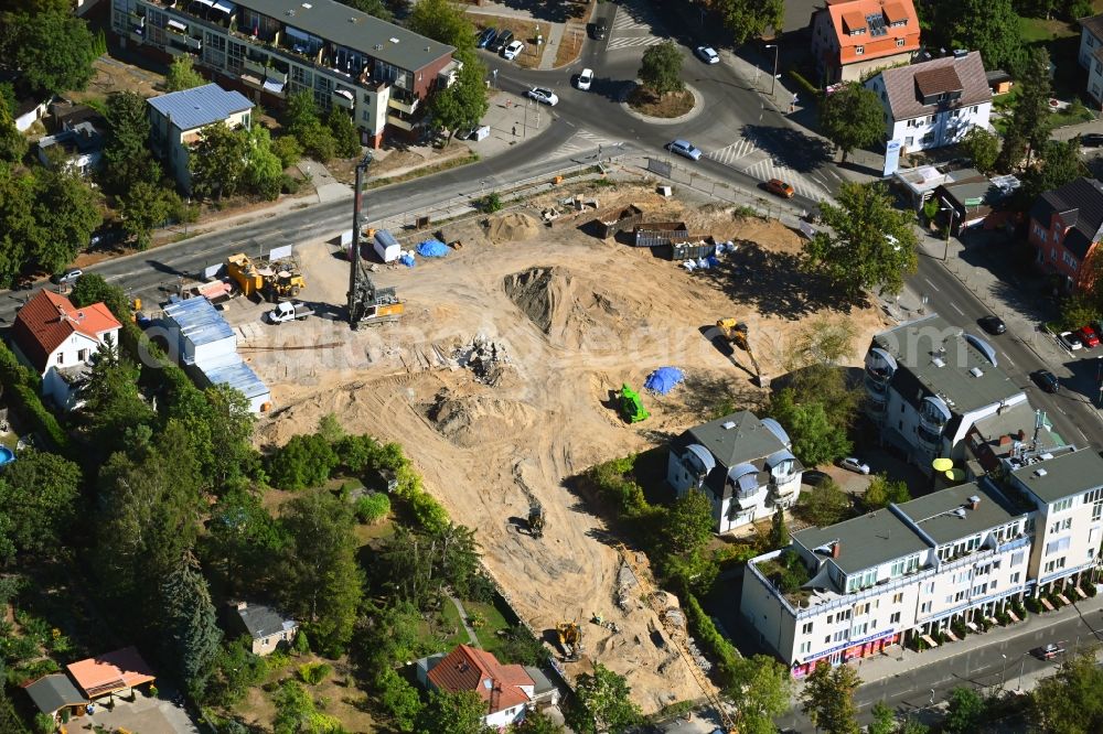 Aerial image Berlin - New construction of the building complex of the shopping center Giesestrasse corner Hoenoer Strasse in the district Mahlsdorf in Berlin, Germany