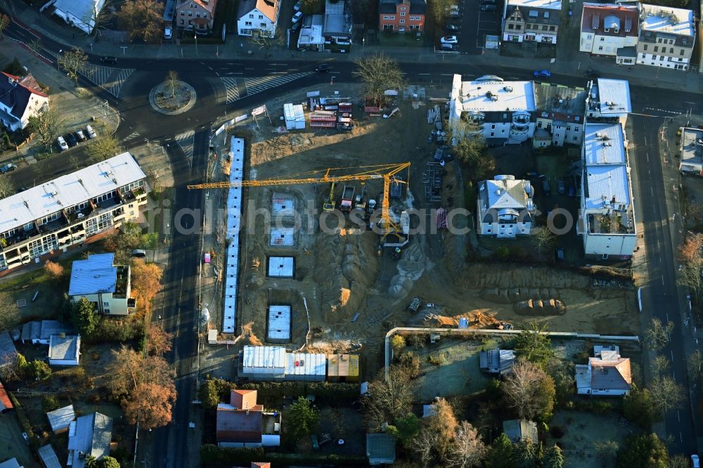 Aerial photograph Berlin - New construction of the building complex of the shopping center Giesestrasse corner Hoenoer Strasse in the district Mahlsdorf in Berlin, Germany