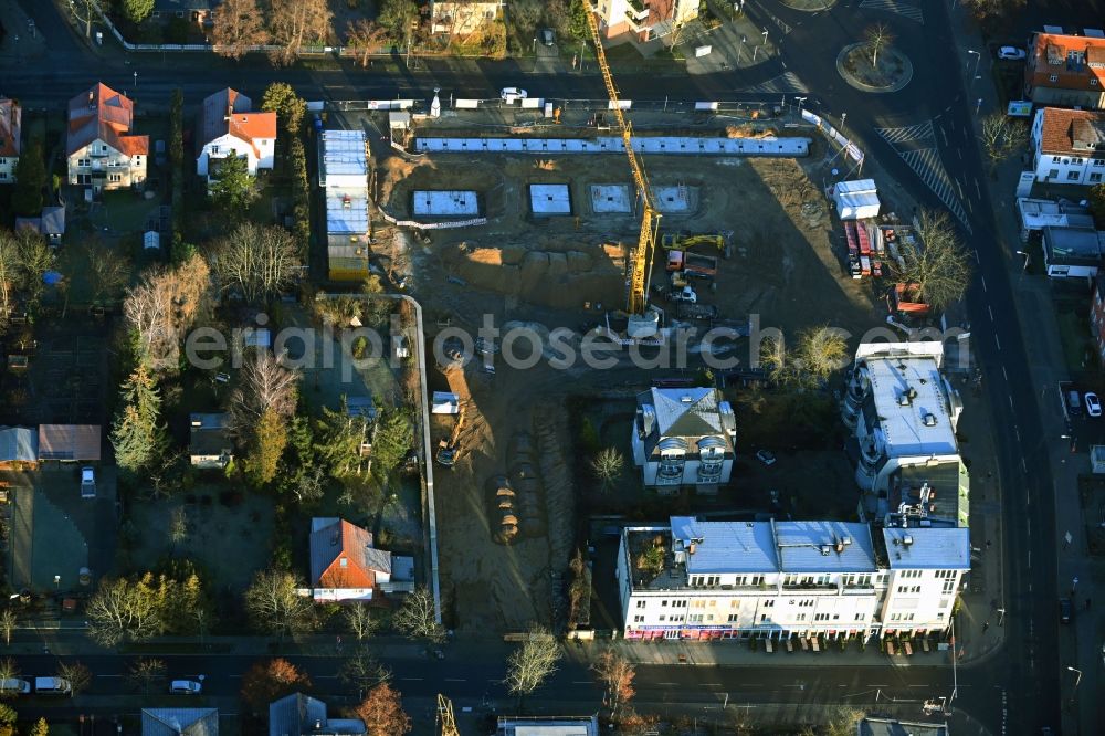 Berlin from the bird's eye view: New construction of the building complex of the shopping center Giesestrasse corner Hoenoer Strasse in the district Mahlsdorf in Berlin, Germany