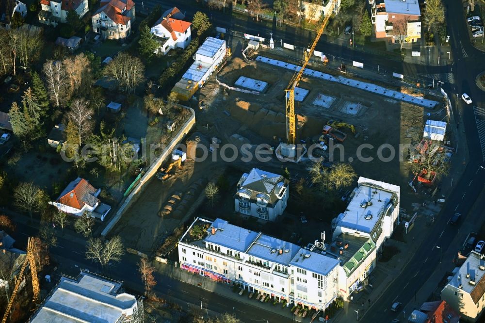 Aerial image Berlin - New construction of the building complex of the shopping center Giesestrasse corner Hoenoer Strasse in the district Mahlsdorf in Berlin, Germany