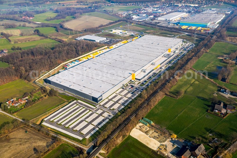 Werne from above - Complex on the site of the logistics center Amazon Logistik in Werne in the state North Rhine-Westphalia