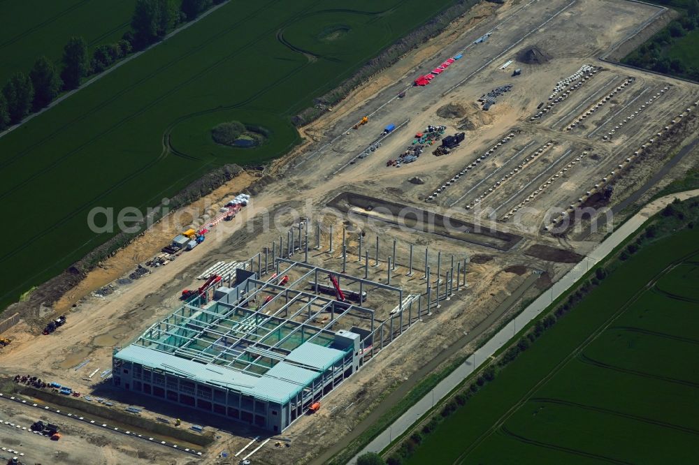 Rostock from above - Construction site to build a new building complex on the site of the logistics center Amazon zwischen Barkenstrasse and Containerstrasse in the district Hinrichsdorf in Rostock in the state Mecklenburg - Western Pomerania, Germany