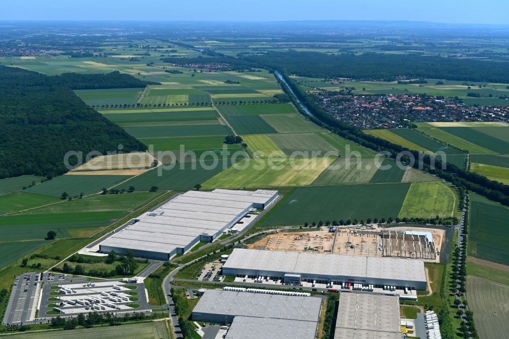 Aerial image Peine - Construction site to build a new building complex on the site of the logistics center NEOVIA Logistics - ACTION Distribution in the district Essinghausen in Peine in the state Lower Saxony, Germany