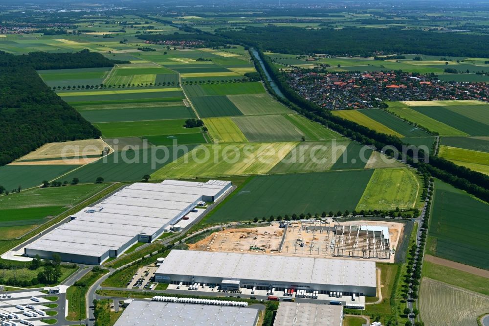 Aerial photograph Peine - Construction site to build a new building complex on the site of the logistics center NEOVIA Logistics - ACTION Distribution in the district Essinghausen in Peine in the state Lower Saxony, Germany