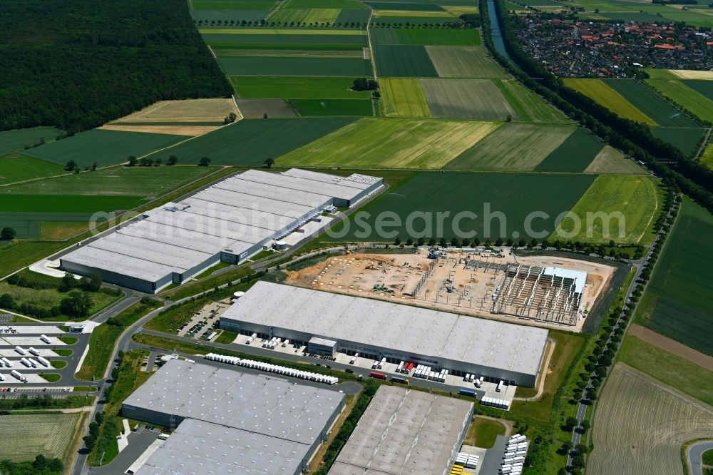 Peine from above - Construction site to build a new building complex on the site of the logistics center NEOVIA Logistics - ACTION Distribution in the district Essinghausen in Peine in the state Lower Saxony, Germany