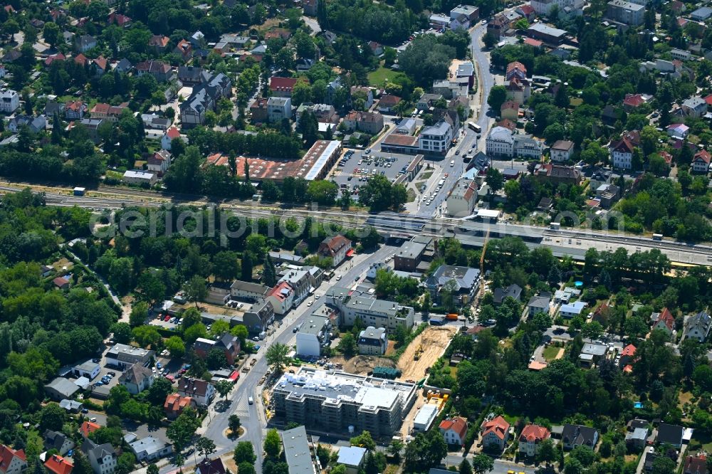 Aerial image Berlin - New construction of the building complex of the LIDL - shopping center on street Giesestrasse corner Hoenoer Strasse in the district Mahlsdorf in Berlin, Germany