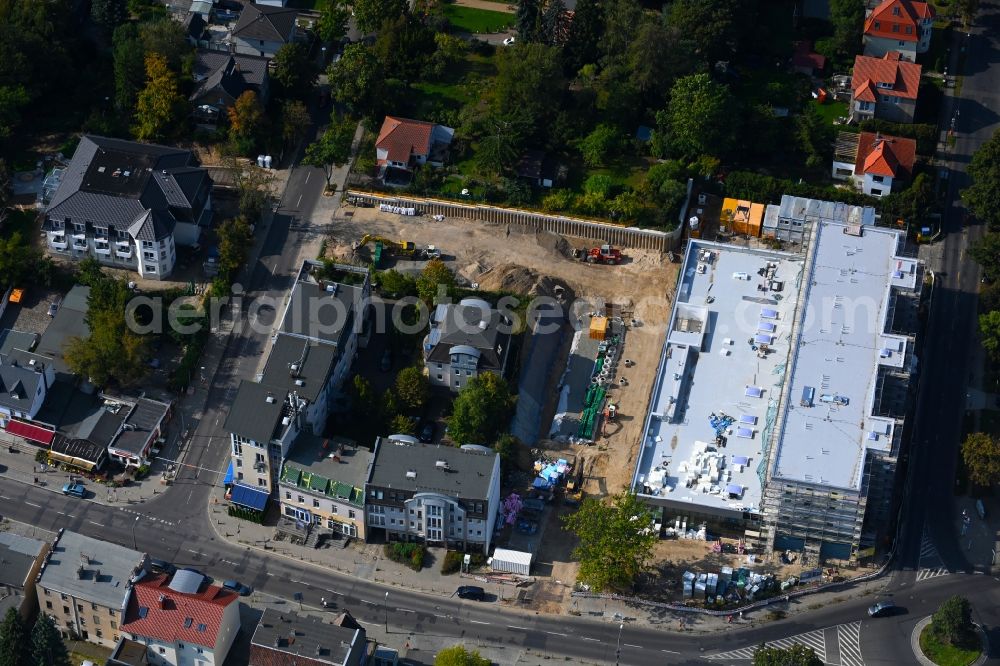 Aerial image Berlin - New construction of the building complex of the LIDL - shopping center on street Giesestrasse corner Hoenoer Strasse in the district Mahlsdorf in Berlin, Germany