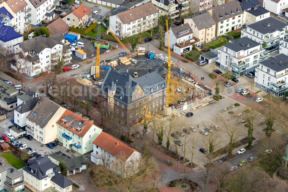 Aerial image Holzwickede - Construction site of Town Hall building of the city administration as a building extension Am Markt - Poststrasse in the district Brackel in Holzwickede in the state North Rhine-Westphalia, Germany