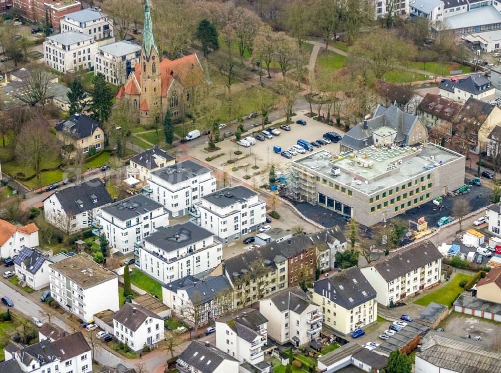 Aerial photograph Holzwickede - Construction site of Town Hall building of the city administration as a building extension Am Markt - Poststrasse in the district Brackel in Holzwickede in the state North Rhine-Westphalia, Germany