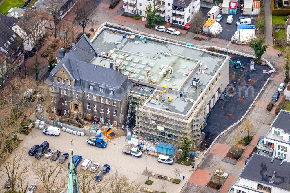 Holzwickede from above - Construction site of Town Hall building of the city administration as a building extension Am Markt - Poststrasse in the district Brackel in Holzwickede in the state North Rhine-Westphalia, Germany