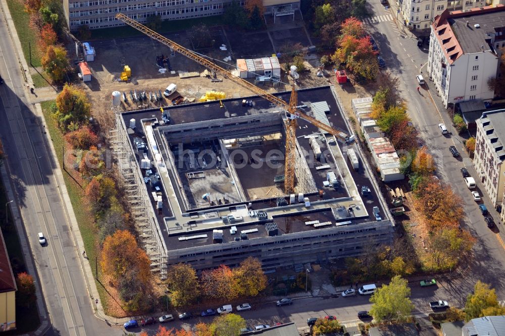 Aerial image Leipzig - Construction of 3rd Primary school at Bernhard Goring Strasse in Leipzig in Saxony. Construction of the new building in the Sudvorstadt began in 2012 and will be completed at the beginning of the school year 2014-15. In addition, the old building will be renovated. The planning of the project was overseen by JSWD architects